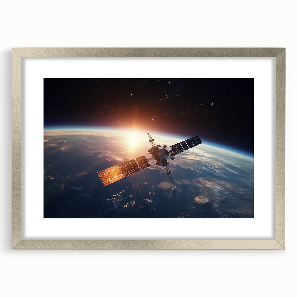 Satellite at Sunrise Over Earth - Stunning Cosmic Wall Decor Art
