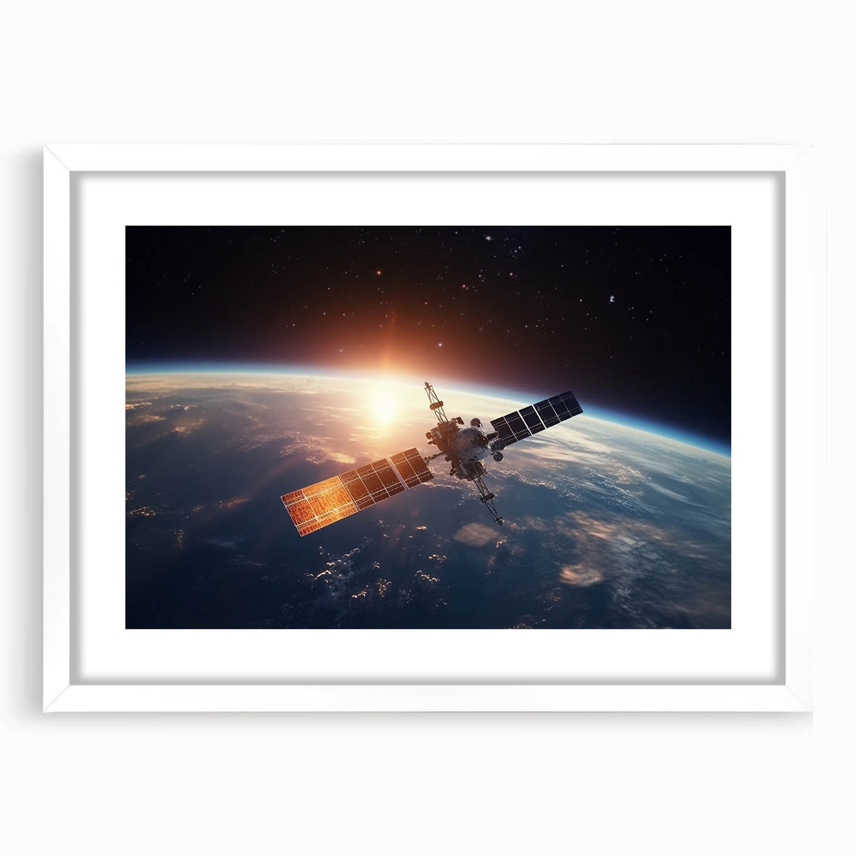 Satellite at Sunrise Over Earth - Stunning Cosmic Wall Decor Art