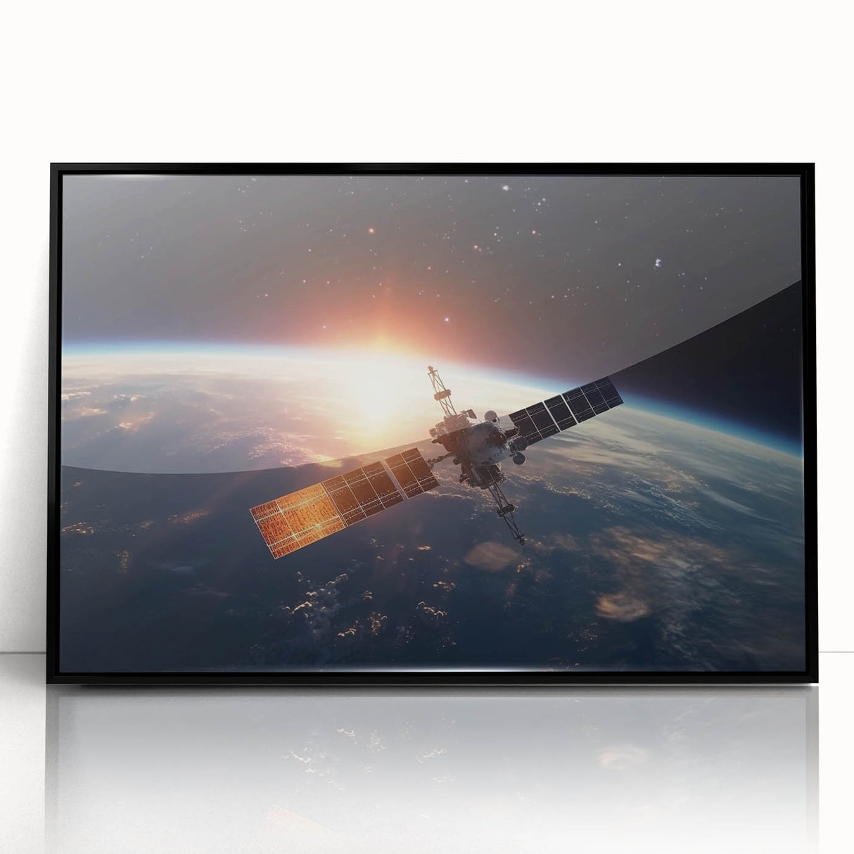 Satellite at Sunrise Over Earth - Stunning Cosmic Wall Decor Art