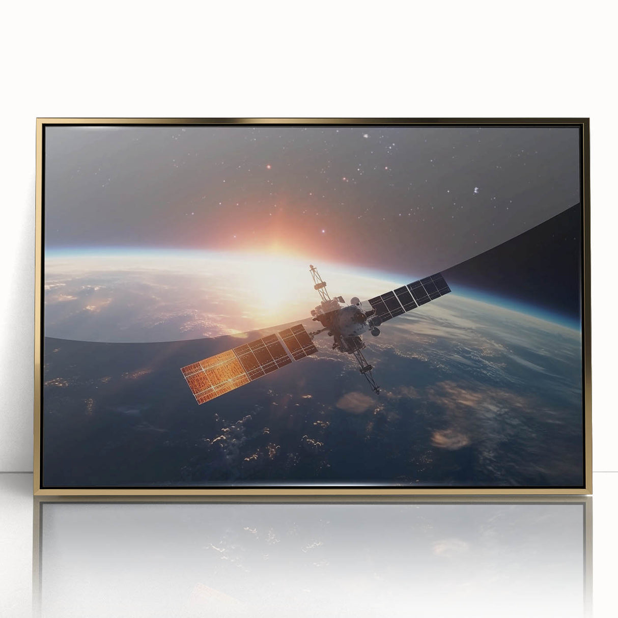 Satellite at Sunrise Over Earth - Stunning Cosmic Wall Decor Art
