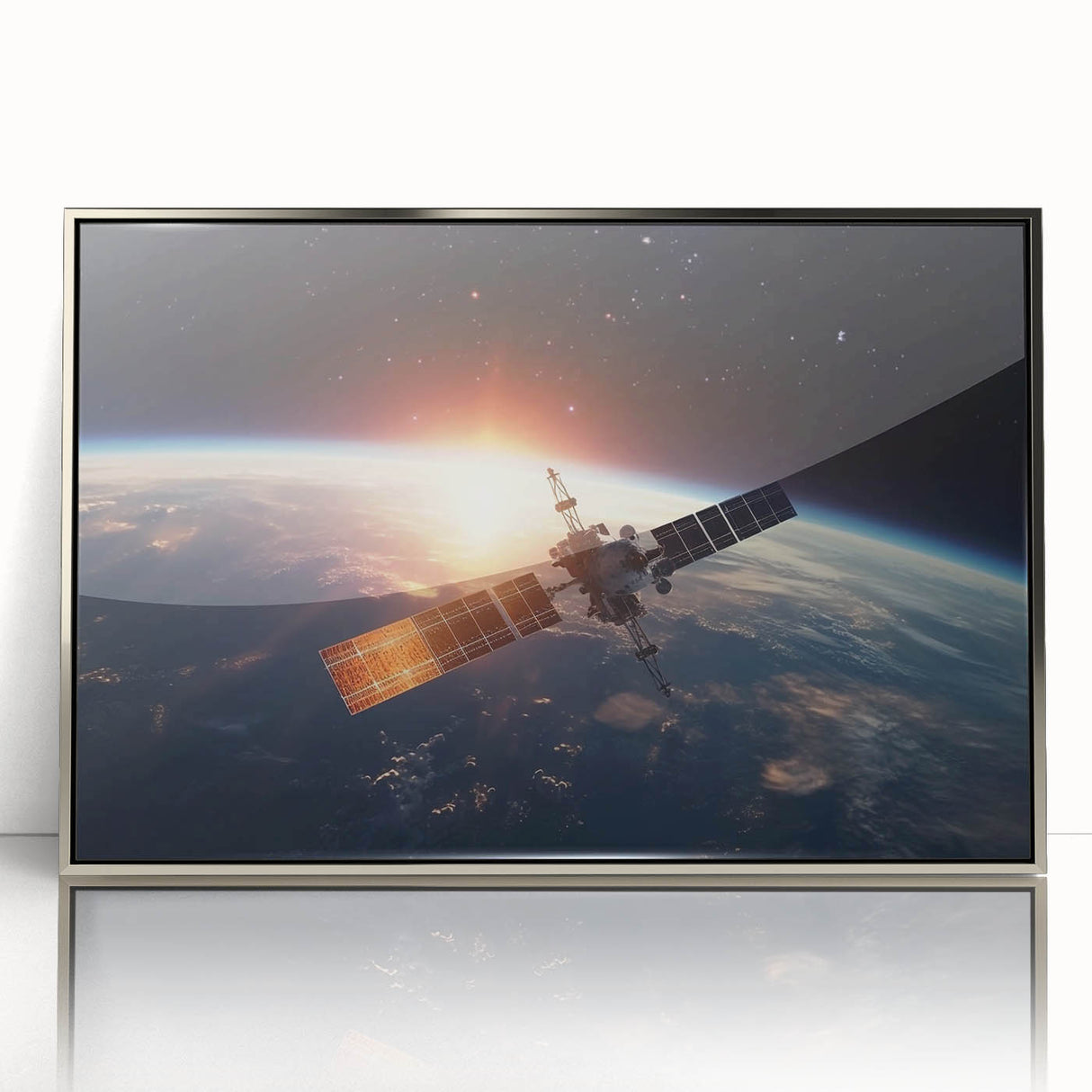 Satellite at Sunrise Over Earth - Stunning Cosmic Wall Decor Art