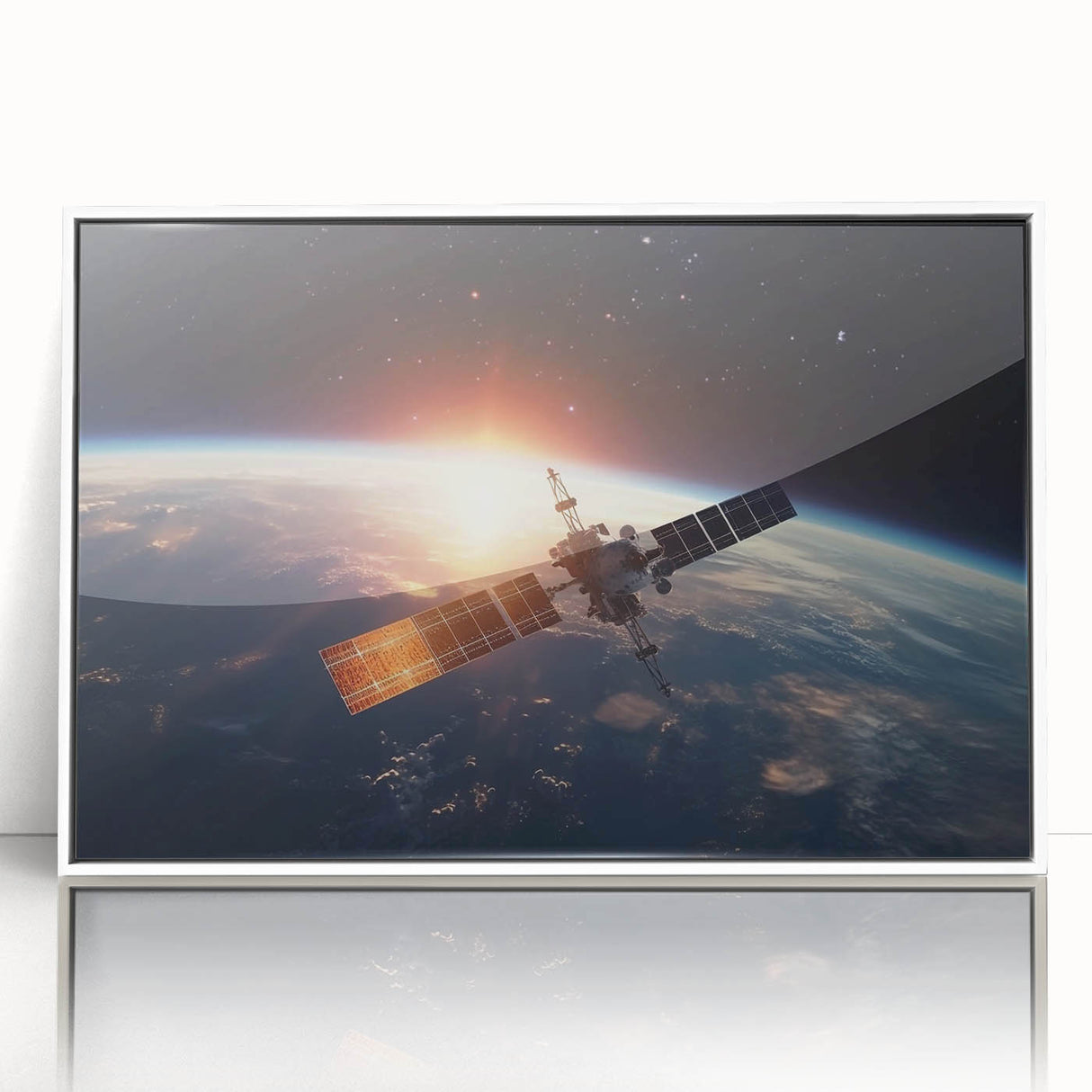 Satellite at Sunrise Over Earth - Stunning Cosmic Wall Decor Art