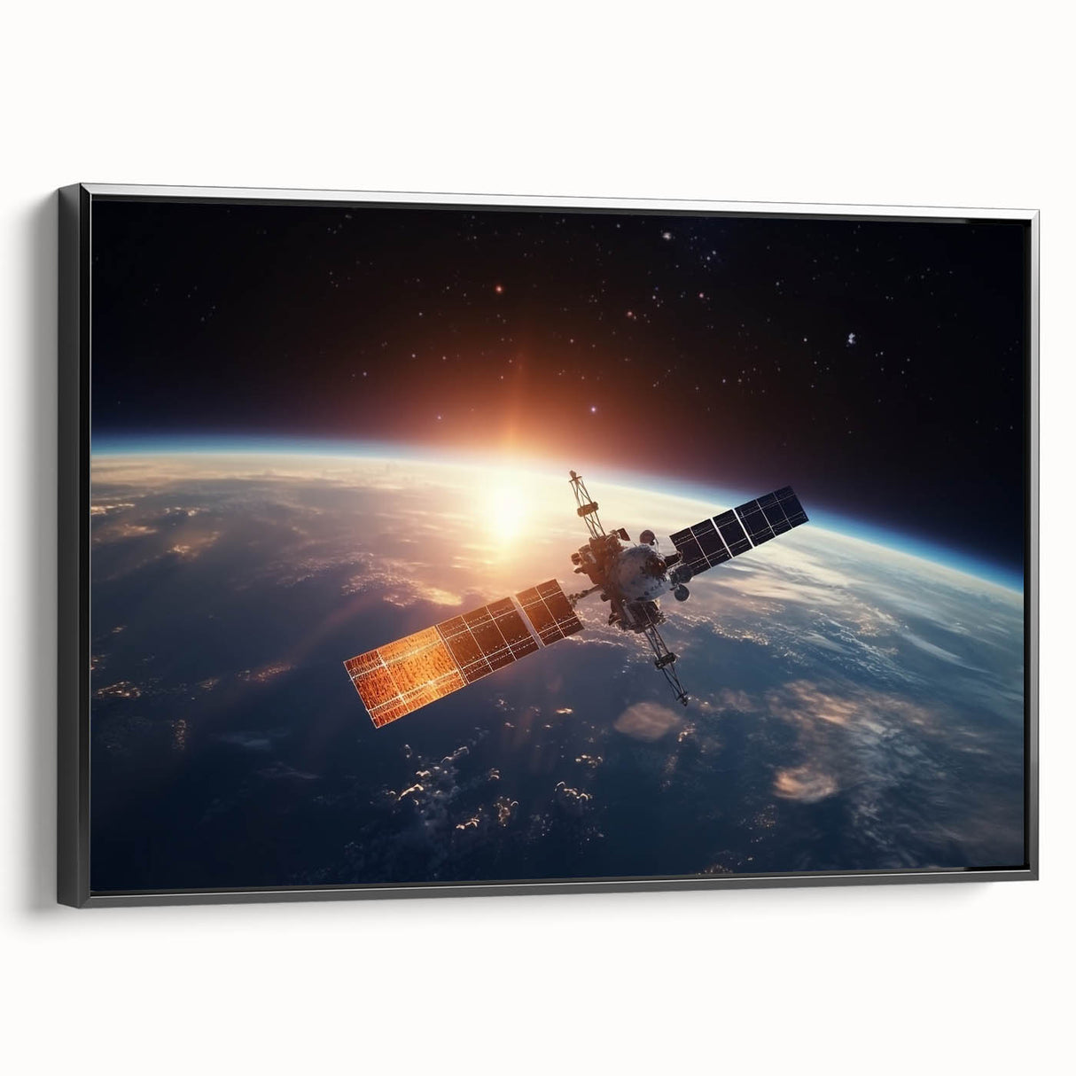 Satellite at Sunrise Over Earth - Stunning Cosmic Wall Decor Art
