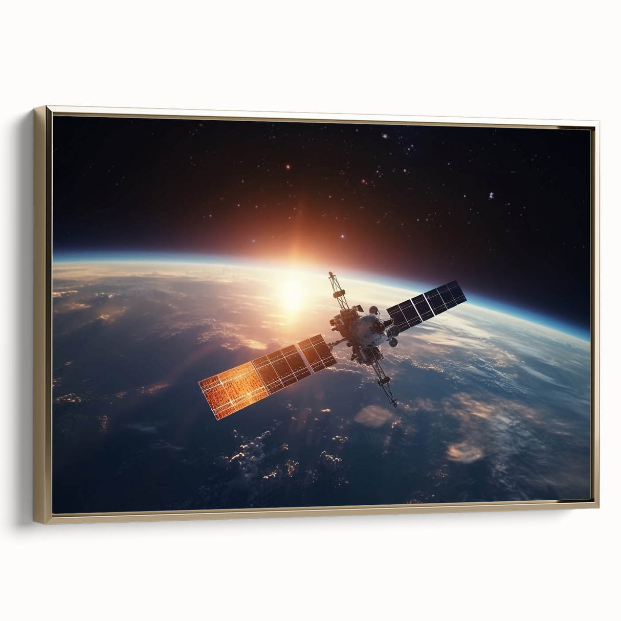 Satellite at Sunrise Over Earth - Stunning Cosmic Wall Decor Art