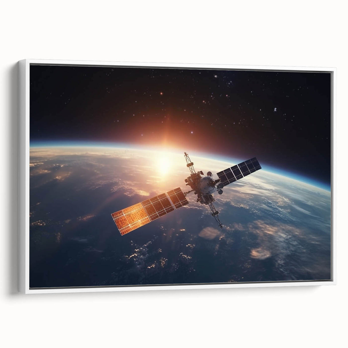 Satellite at Sunrise Over Earth - Stunning Cosmic Wall Decor Art