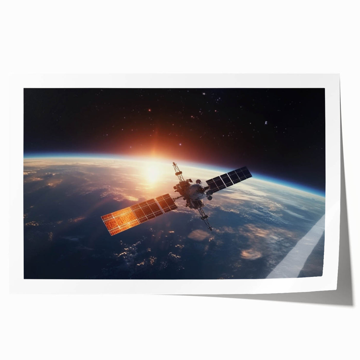 Satellite at Sunrise Over Earth - Stunning Cosmic Wall Decor Art