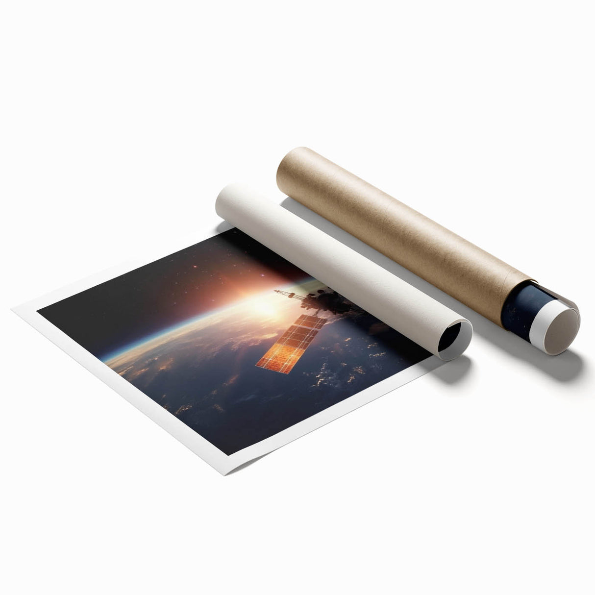 Satellite at Sunrise Over Earth - Stunning Cosmic Wall Decor Art