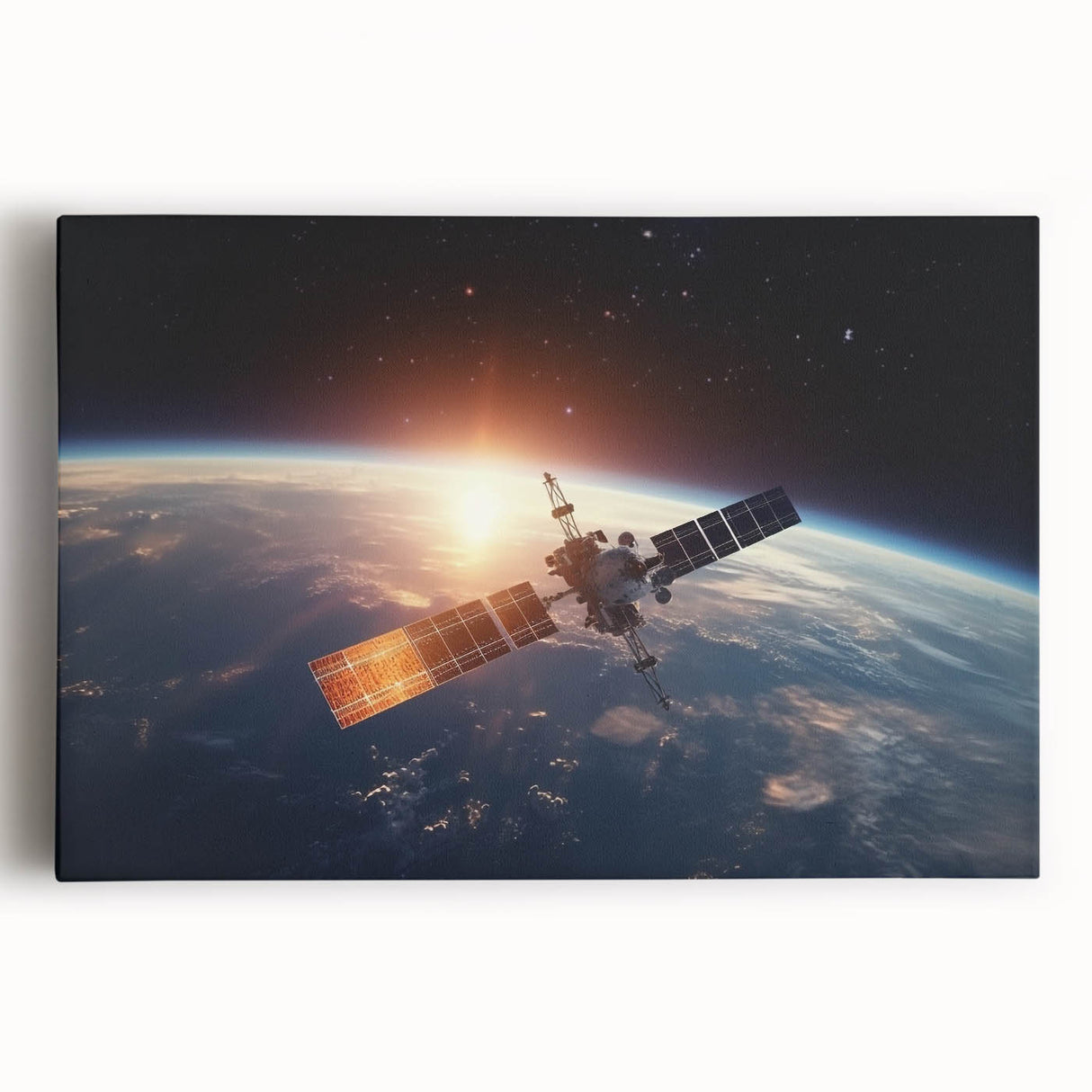 Satellite at Sunrise Over Earth - Stunning Cosmic Wall Decor Art