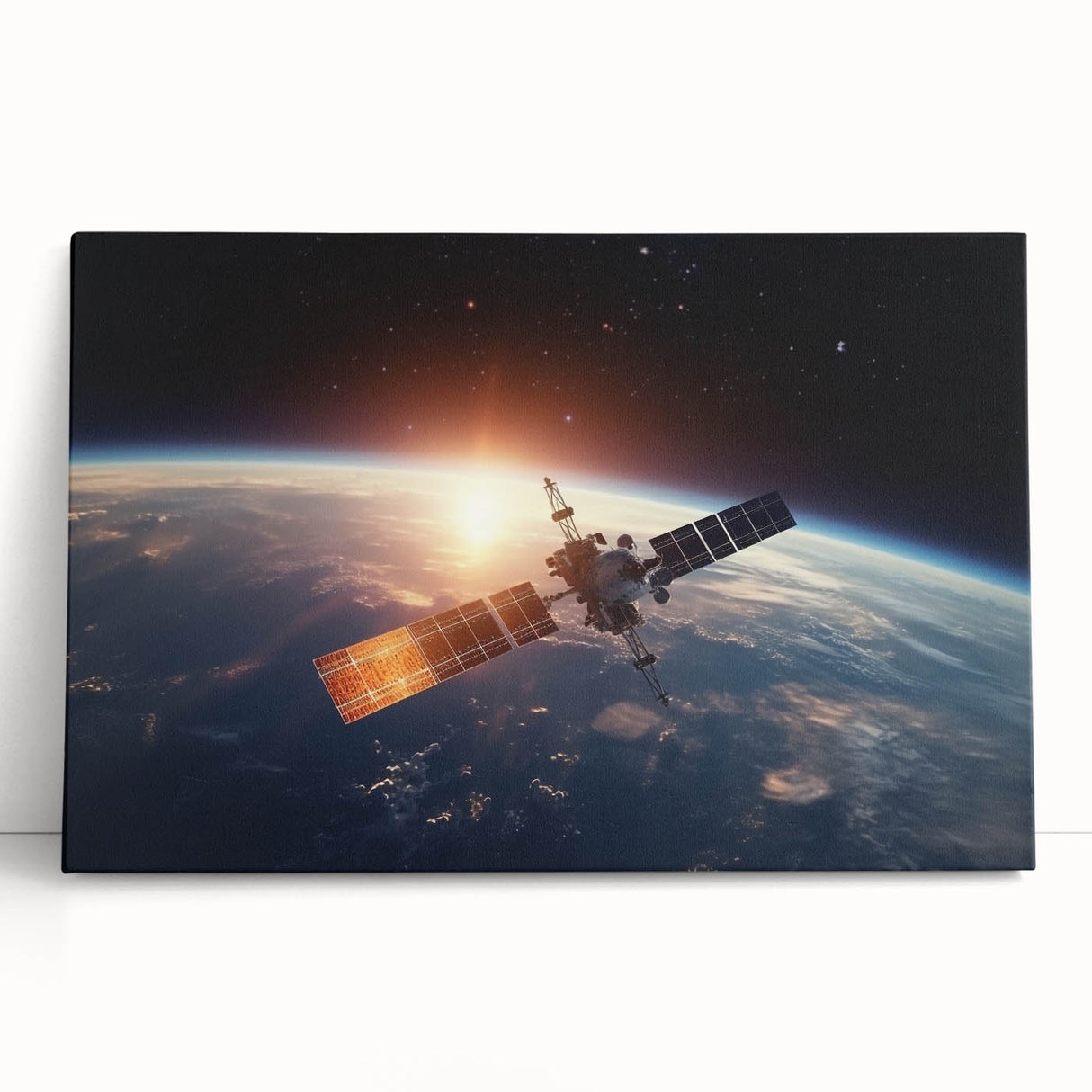 Satellite at Sunrise Over Earth - Stunning Cosmic Wall Decor Art