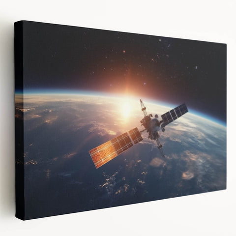 Satellite at Sunrise Over Earth - Stunning Cosmic Wall Decor Art