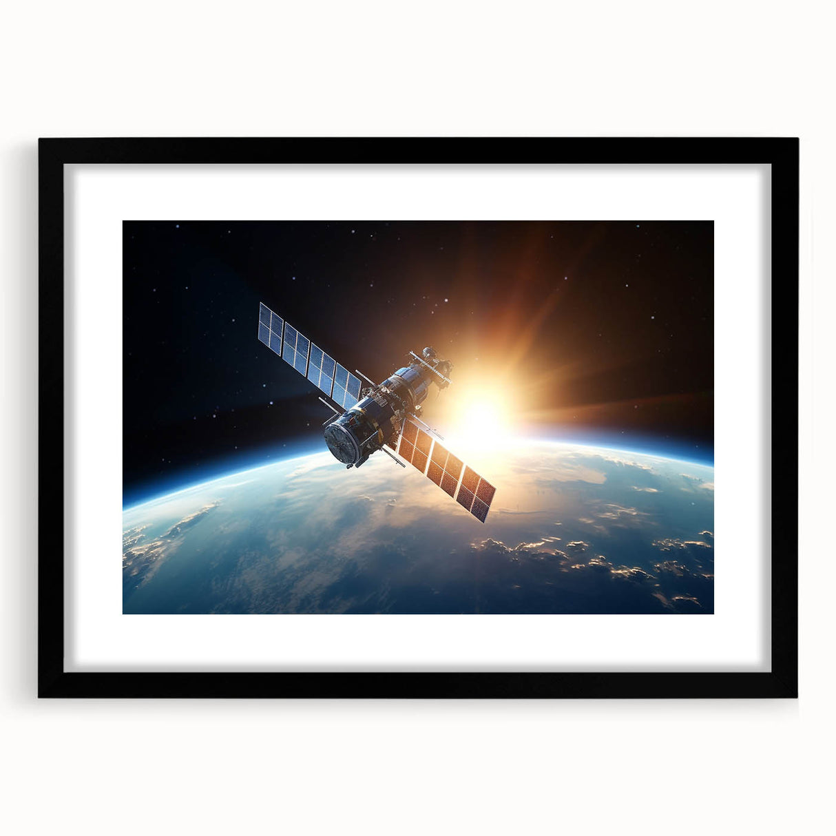Satellite at Sunrise Over Earth - Cosmic Wall Art for Space Lovers