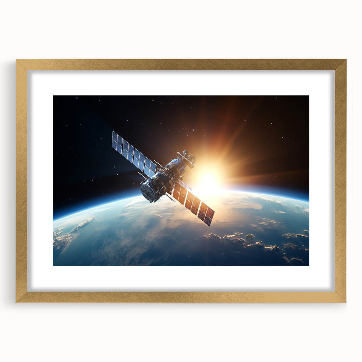 Satellite at Sunrise Over Earth - Cosmic Wall Art for Space Lovers