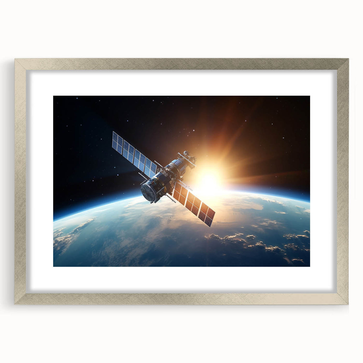 Satellite at Sunrise Over Earth - Cosmic Wall Art for Space Lovers