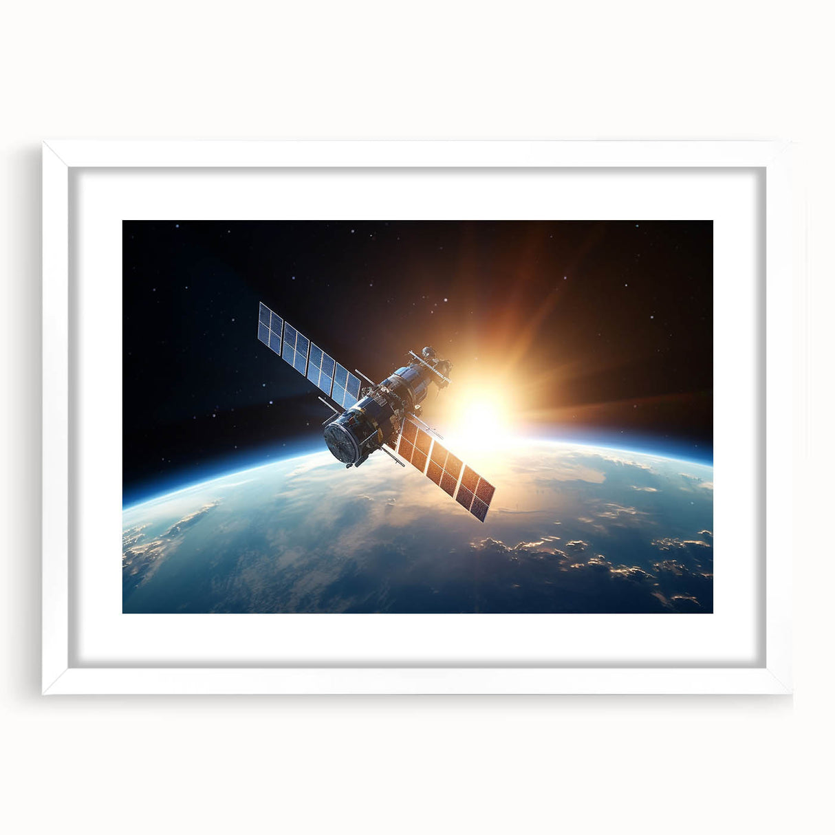 Satellite at Sunrise Over Earth - Cosmic Wall Art for Space Lovers