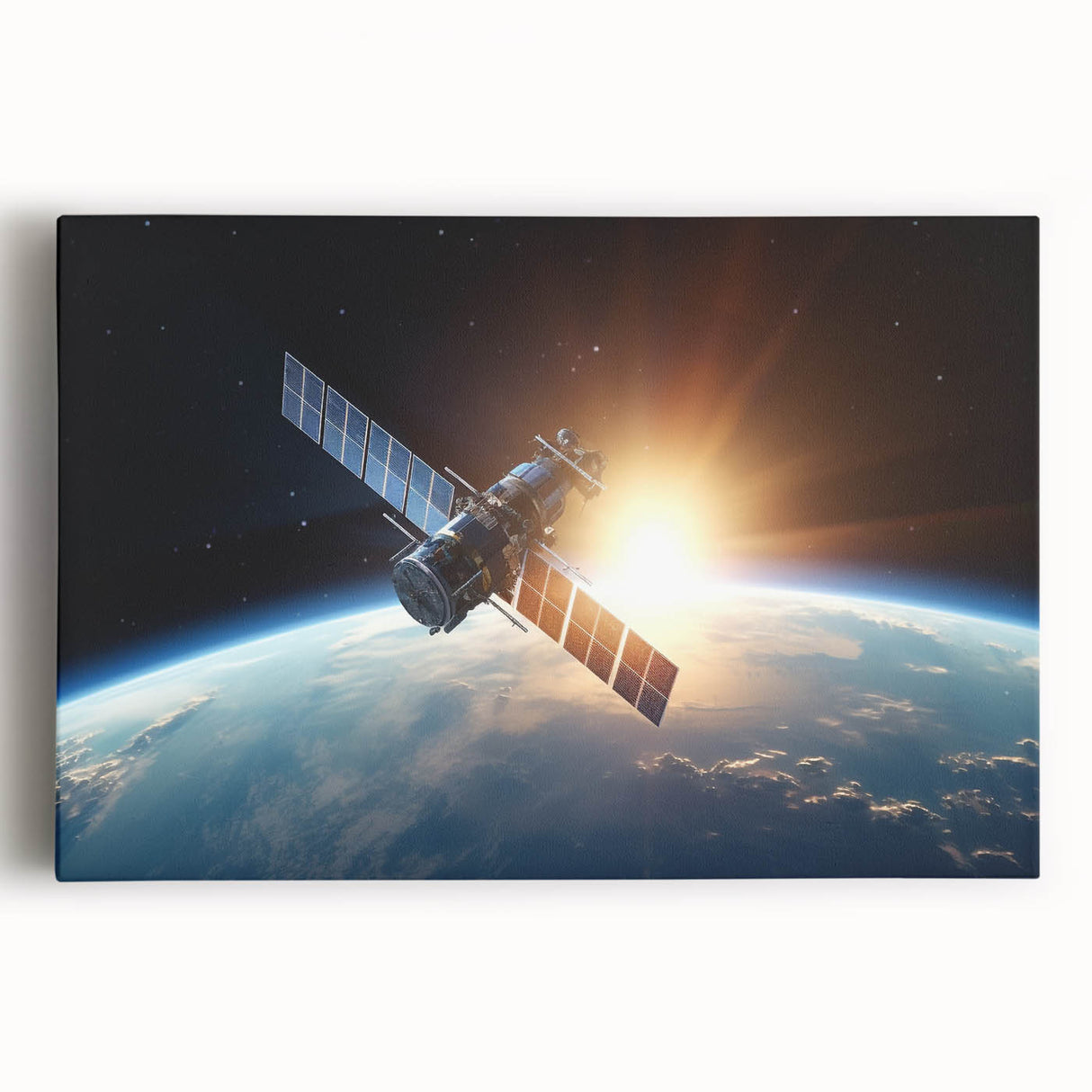 Satellite at Sunrise Over Earth - Cosmic Wall Art for Space Lovers