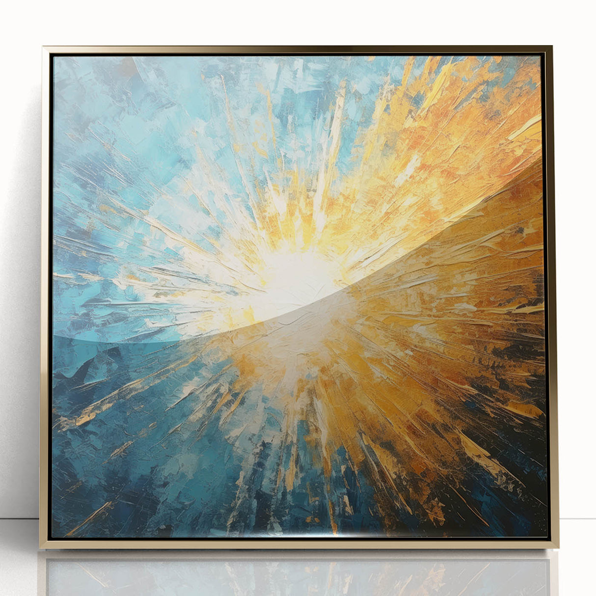 Radiant Sunburst Abstract – Dynamic Sun Wall Art with Blue and Gold