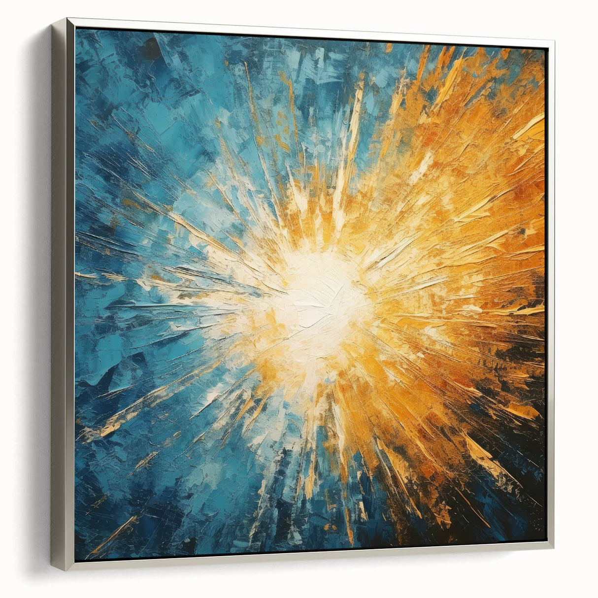 Radiant Sunburst Abstract – Dynamic Sun Wall Art with Blue and Gold