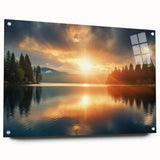 Serene Sunset Over Lake – Peaceful Sun Wall Art with Forest Reflections