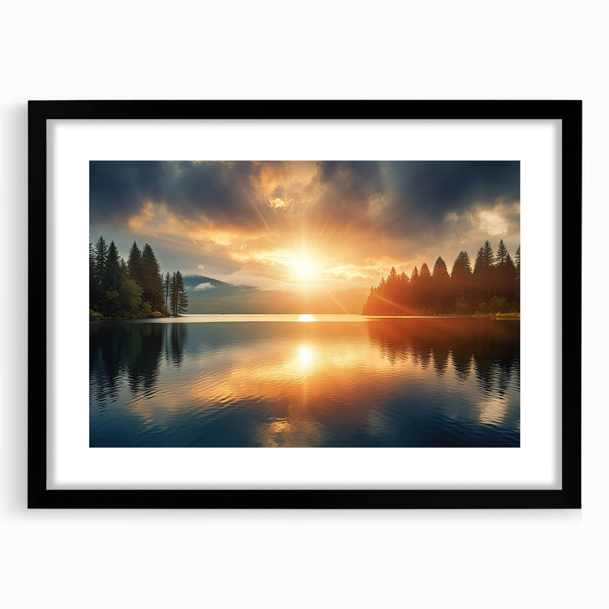 Serene Sunset Over Lake – Peaceful Sun Wall Art with Forest Reflections