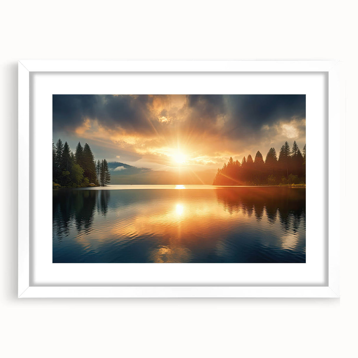 Serene Sunset Over Lake – Peaceful Sun Wall Art with Forest Reflections