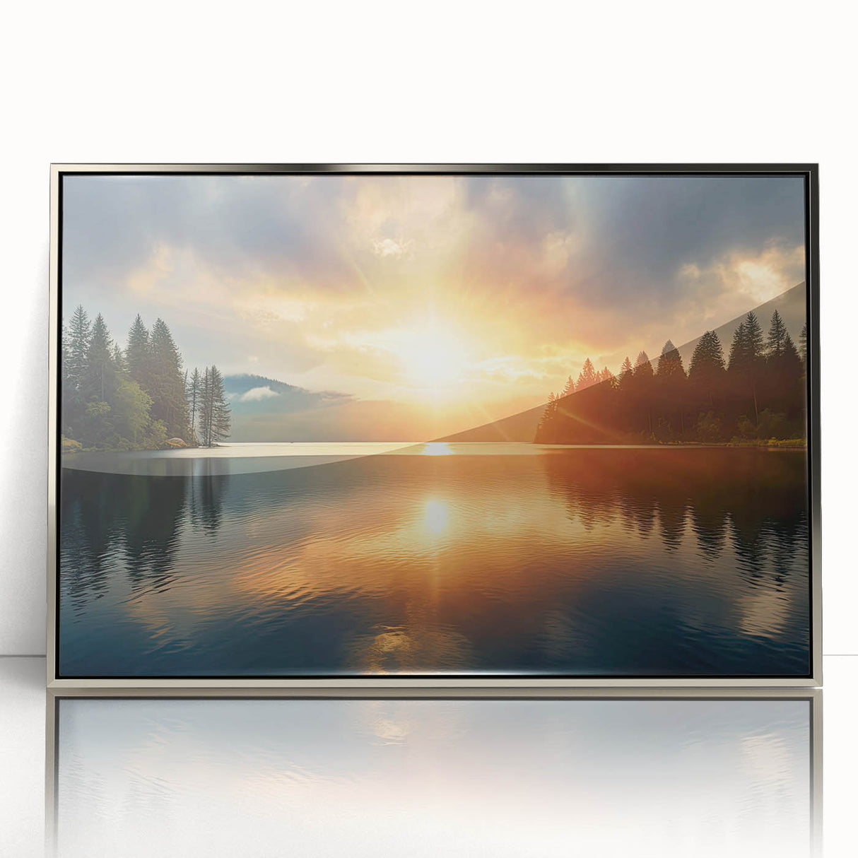 Serene Sunset Over Lake – Peaceful Sun Wall Art with Forest Reflections