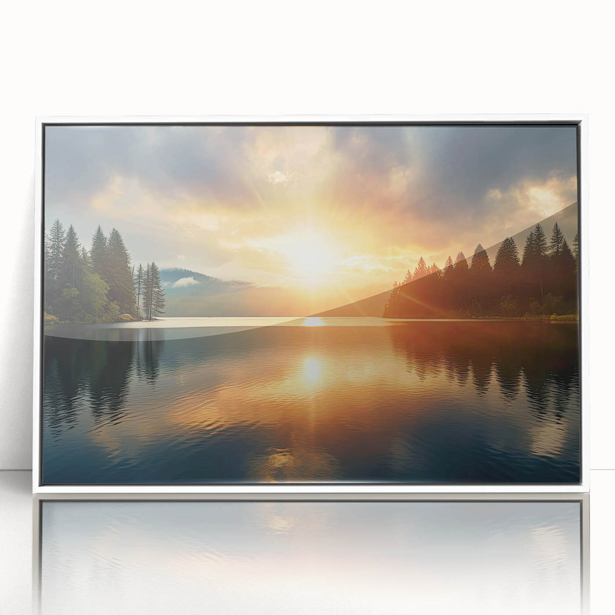 Serene Sunset Over Lake – Peaceful Sun Wall Art with Forest Reflections
