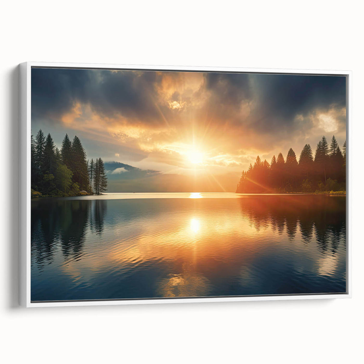 Serene Sunset Over Lake – Peaceful Sun Wall Art with Forest Reflections
