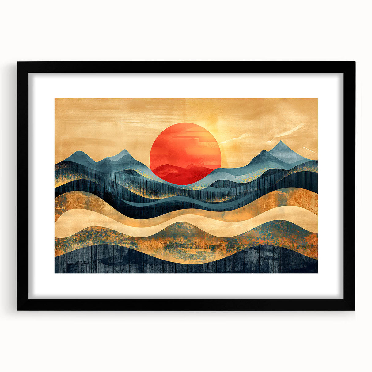 Abstract Red Sun and Waves – Modern Sun Wall Art with Bold Colors