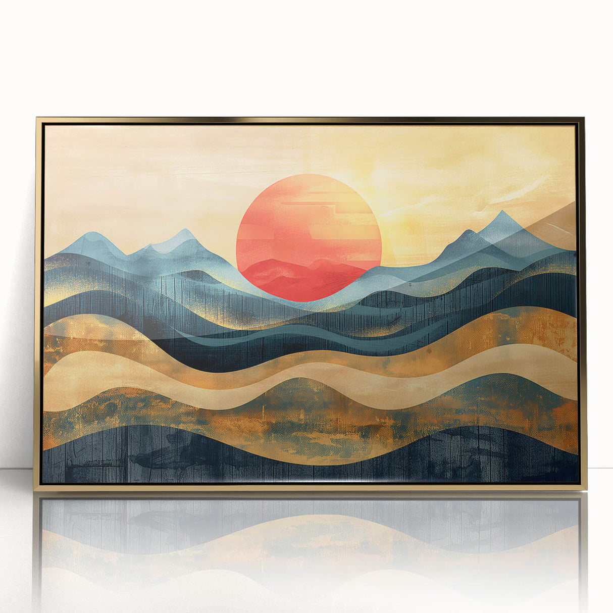 Abstract Red Sun and Waves – Modern Sun Wall Art with Bold Colors