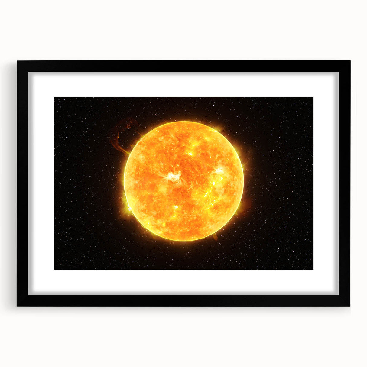 Detailed Sun in Space – Fiery Sun Wall Art with Solar Flares and Stars