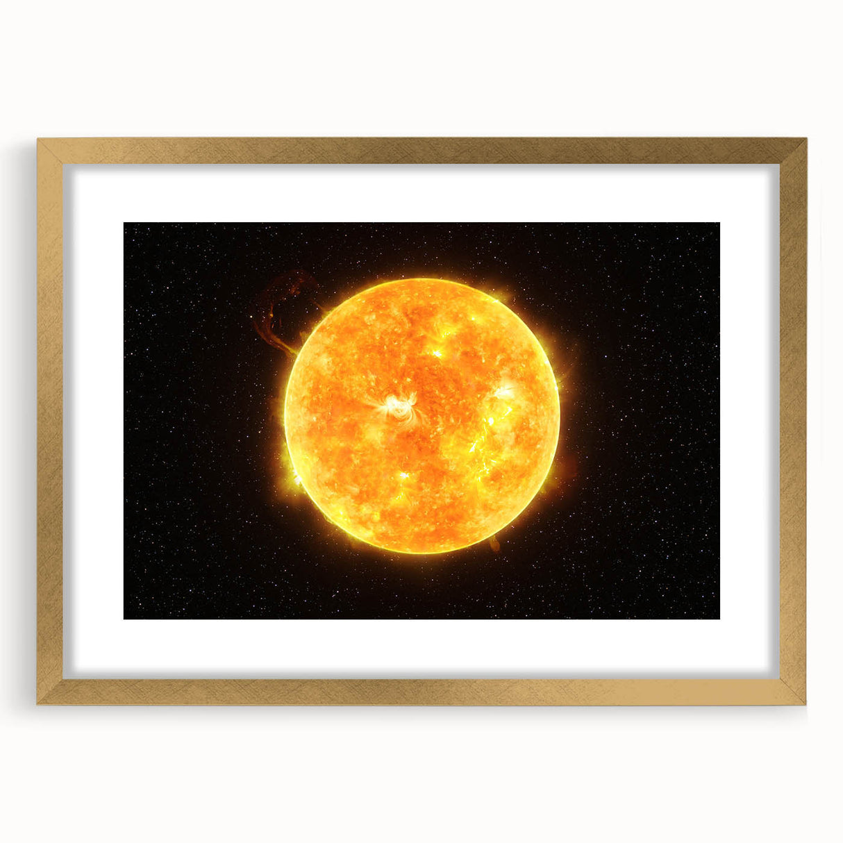 Detailed Sun in Space – Fiery Sun Wall Art with Solar Flares and Stars