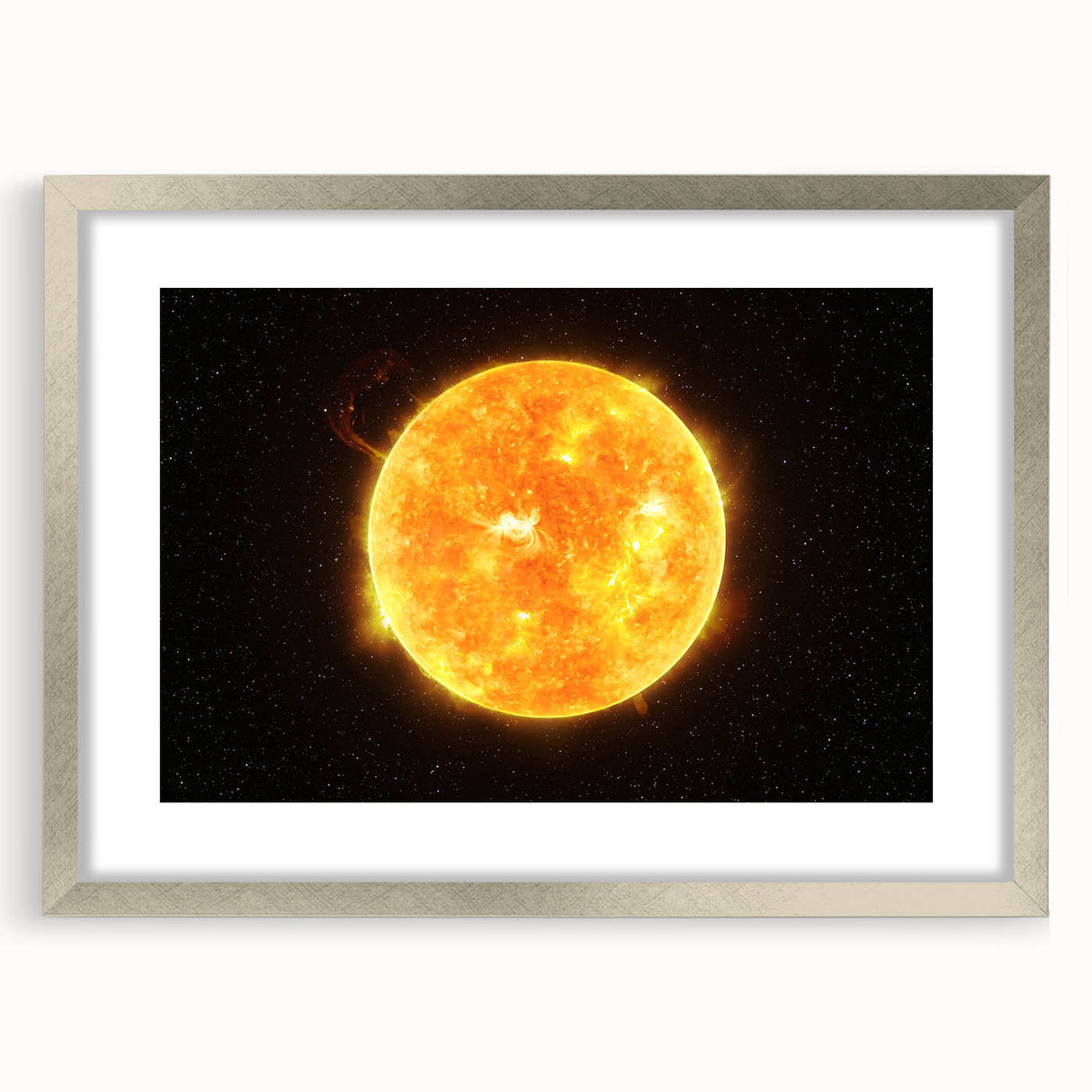 Detailed Sun in Space – Fiery Sun Wall Art with Solar Flares and Stars