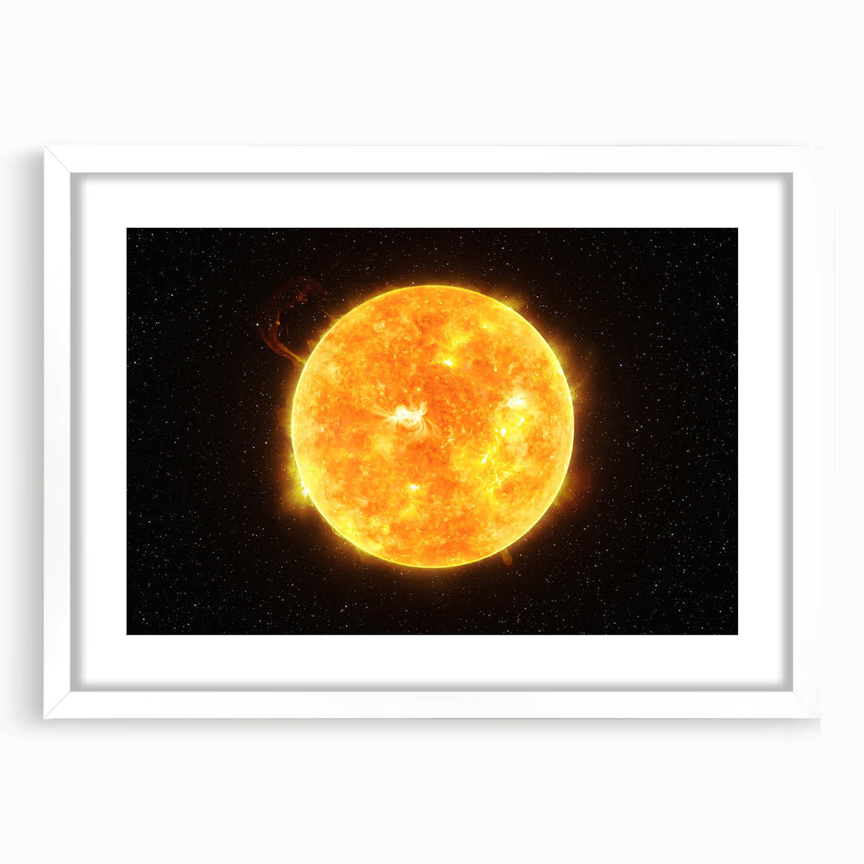 Detailed Sun in Space – Fiery Sun Wall Art with Solar Flares and Stars