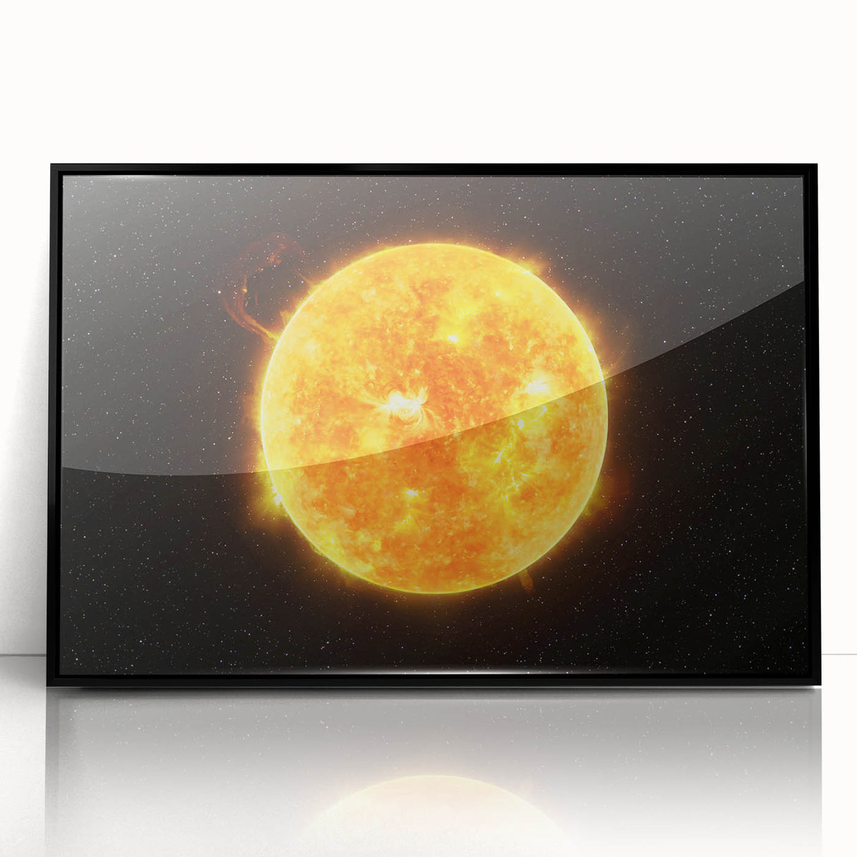 Detailed Sun in Space – Fiery Sun Wall Art with Solar Flares and Stars