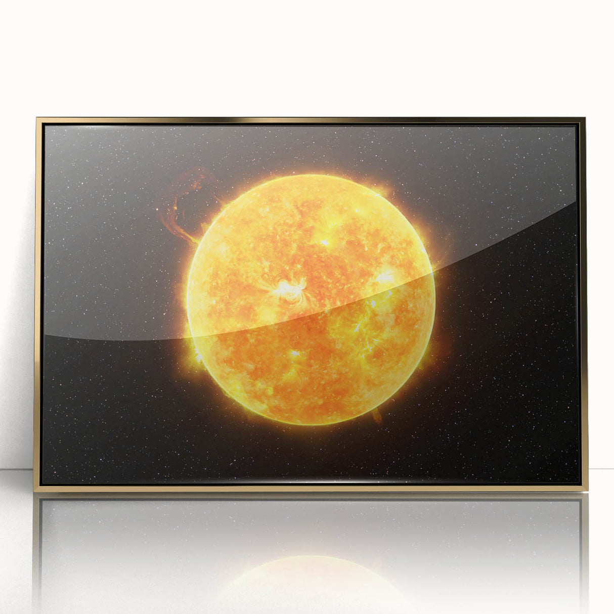 Detailed Sun in Space – Fiery Sun Wall Art with Solar Flares and Stars