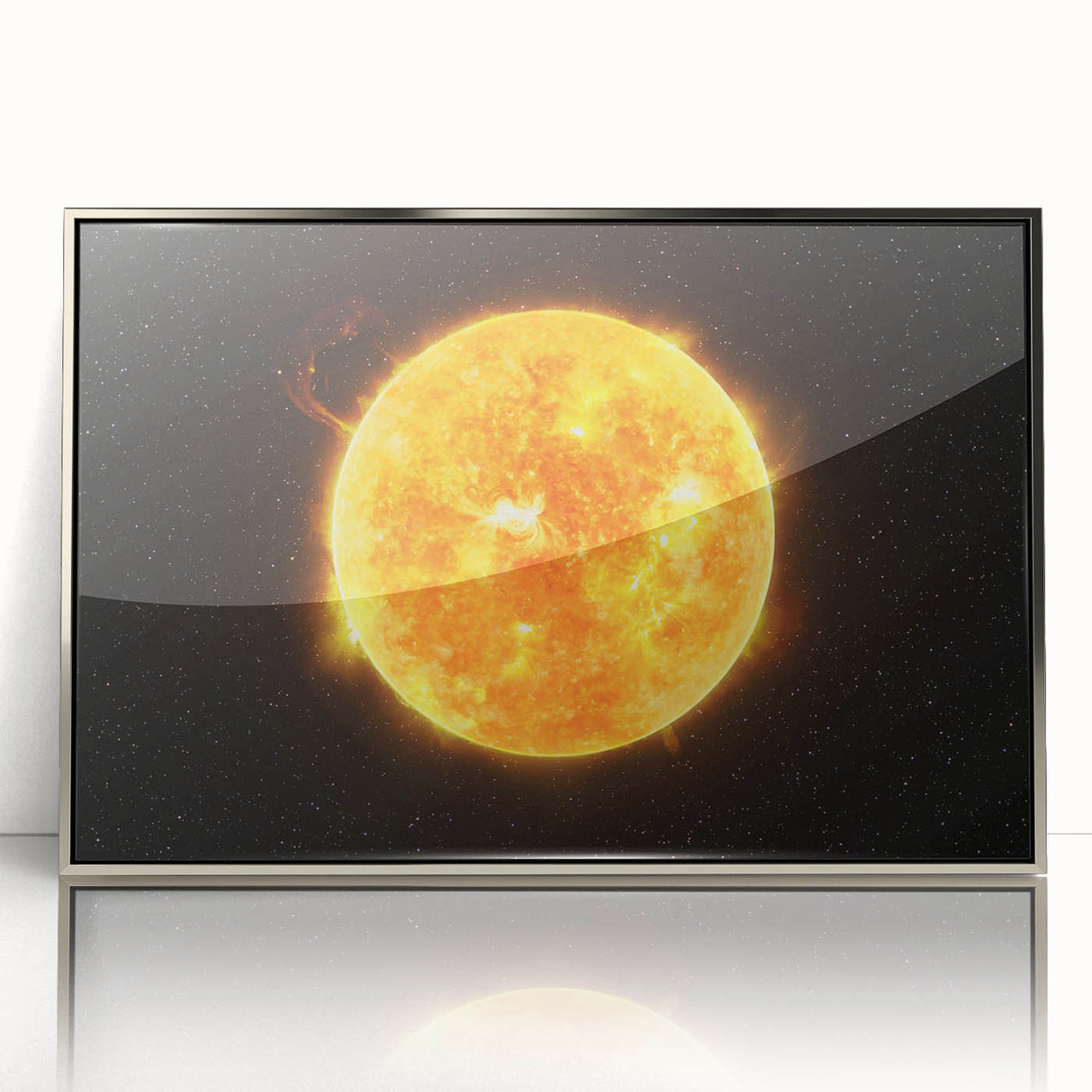 Detailed Sun in Space – Fiery Sun Wall Art with Solar Flares and Stars