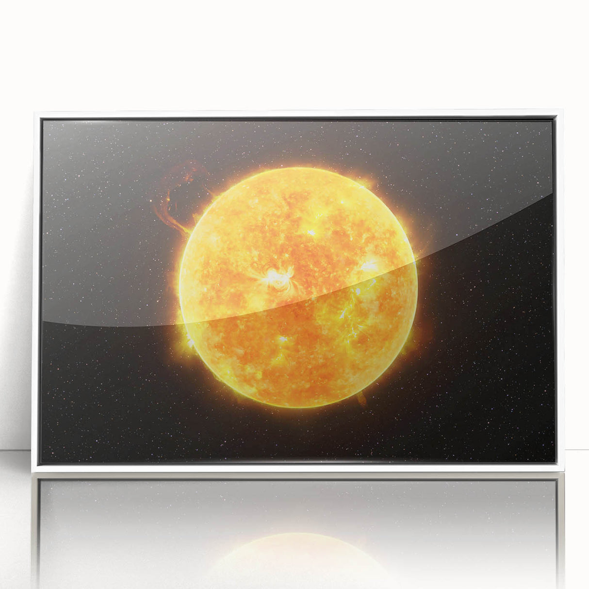 Detailed Sun in Space – Fiery Sun Wall Art with Solar Flares and Stars