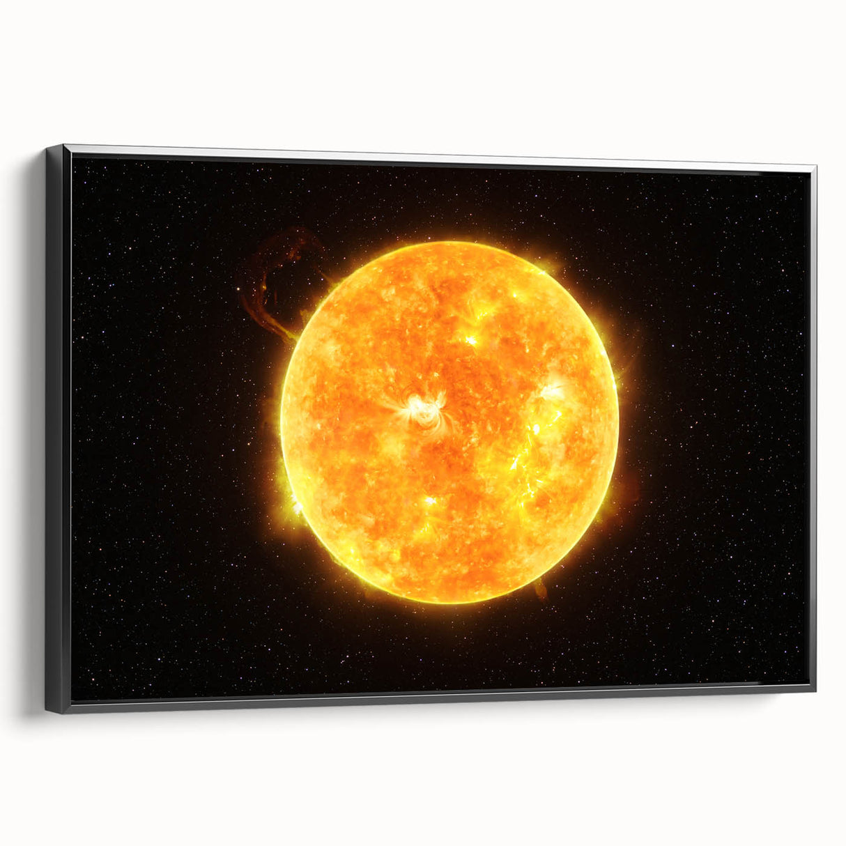 Detailed Sun in Space – Fiery Sun Wall Art with Solar Flares and Stars