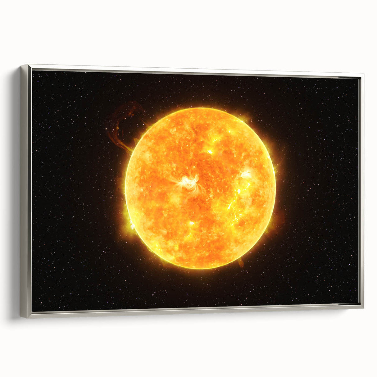 Detailed Sun in Space – Fiery Sun Wall Art with Solar Flares and Stars