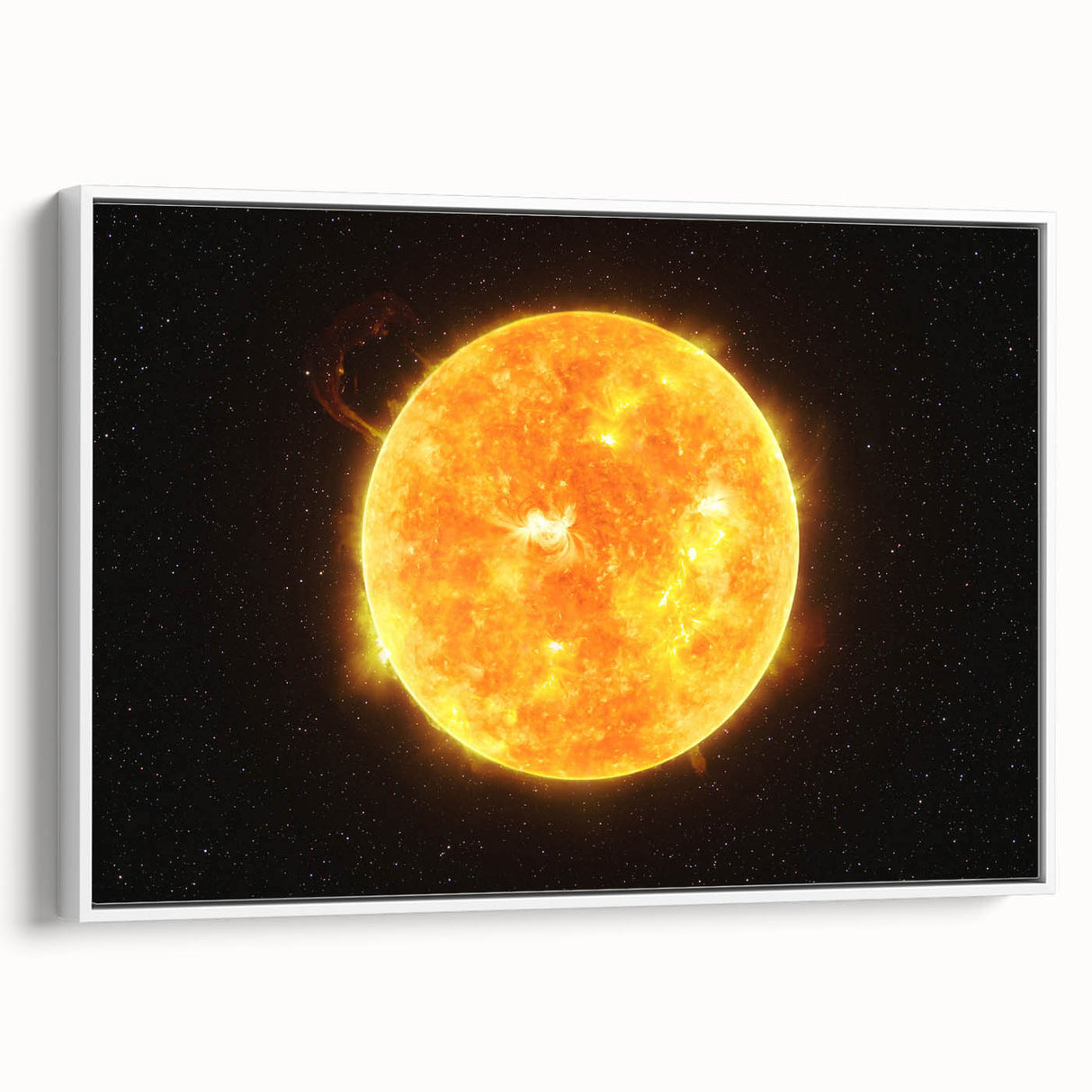 Detailed Sun in Space – Fiery Sun Wall Art with Solar Flares and Stars