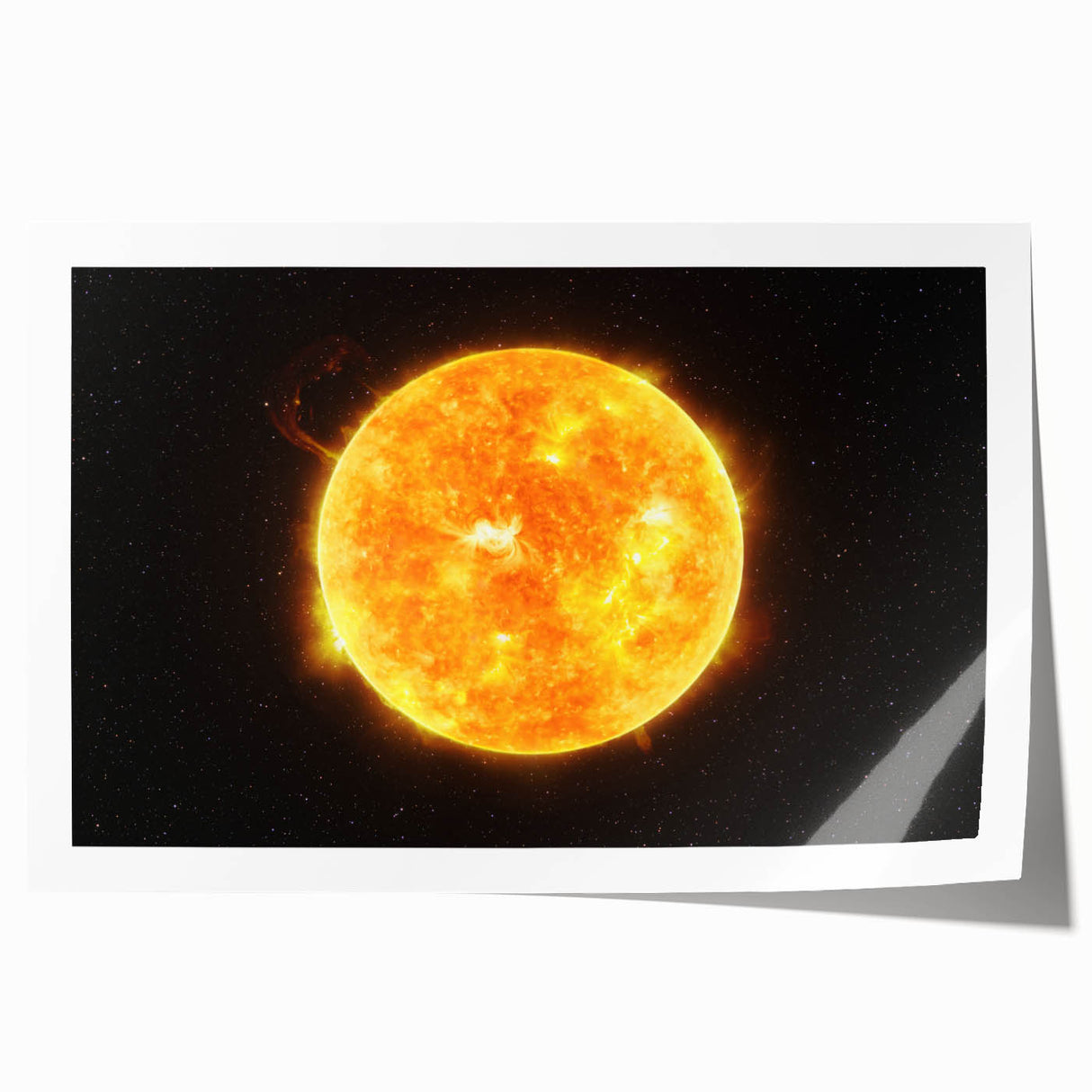 Detailed Sun in Space – Fiery Sun Wall Art with Solar Flares and Stars