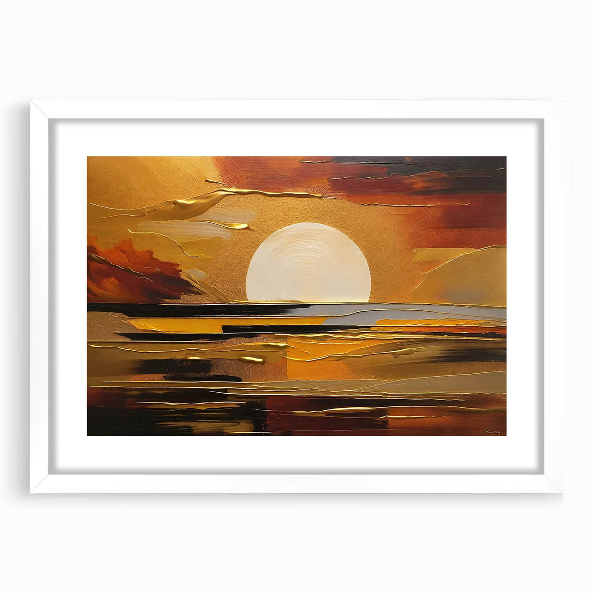 Abstract White Sun Over Golden Horizon – Modern Sun Wall Art