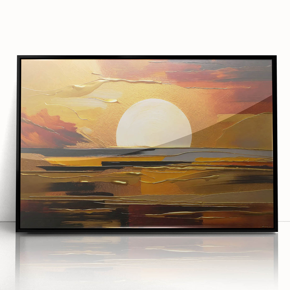 Abstract White Sun Over Golden Horizon – Modern Sun Wall Art