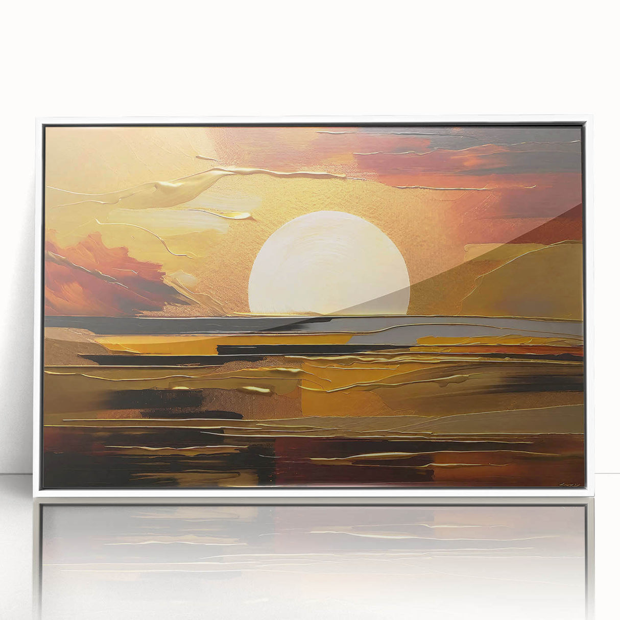 Abstract White Sun Over Golden Horizon – Modern Sun Wall Art