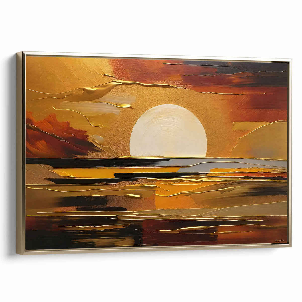 Abstract White Sun Over Golden Horizon – Modern Sun Wall Art