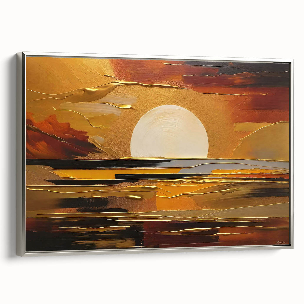 Abstract White Sun Over Golden Horizon – Modern Sun Wall Art