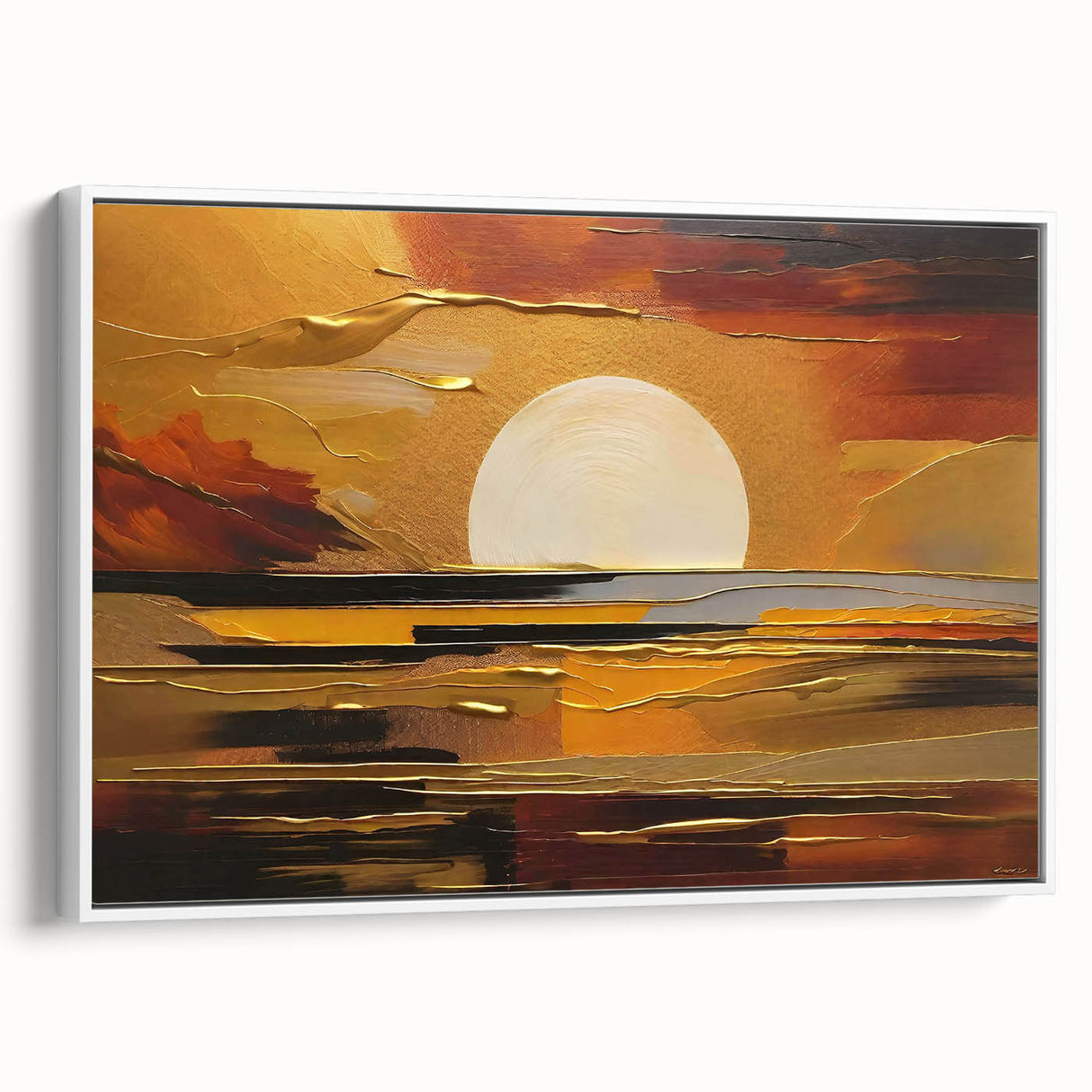 Abstract White Sun Over Golden Horizon – Modern Sun Wall Art