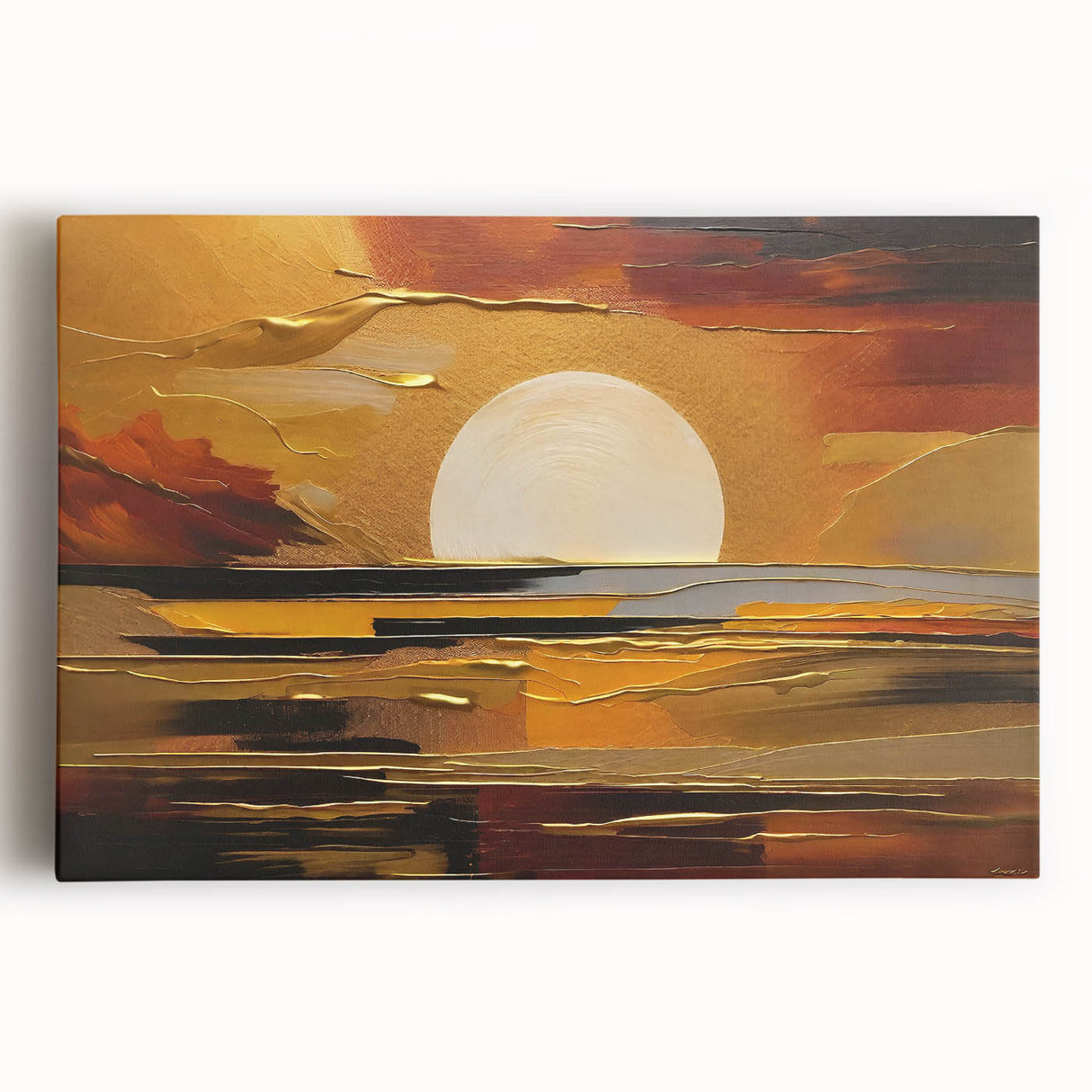 Abstract White Sun Over Golden Horizon – Modern Sun Wall Art