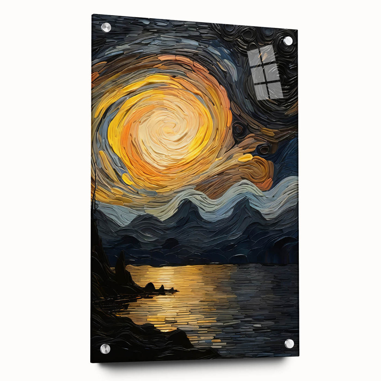 Abstract Swirling Sun Over Lake – Dynamic Sun Wall Art in Gold and Navy
