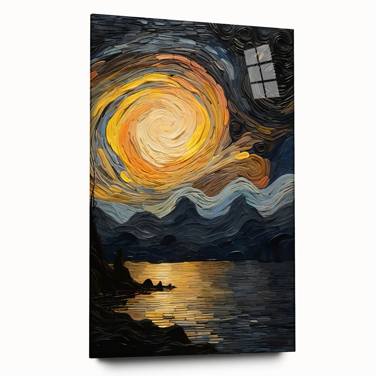 Abstract Swirling Sun Over Lake – Dynamic Sun Wall Art in Gold and Navy